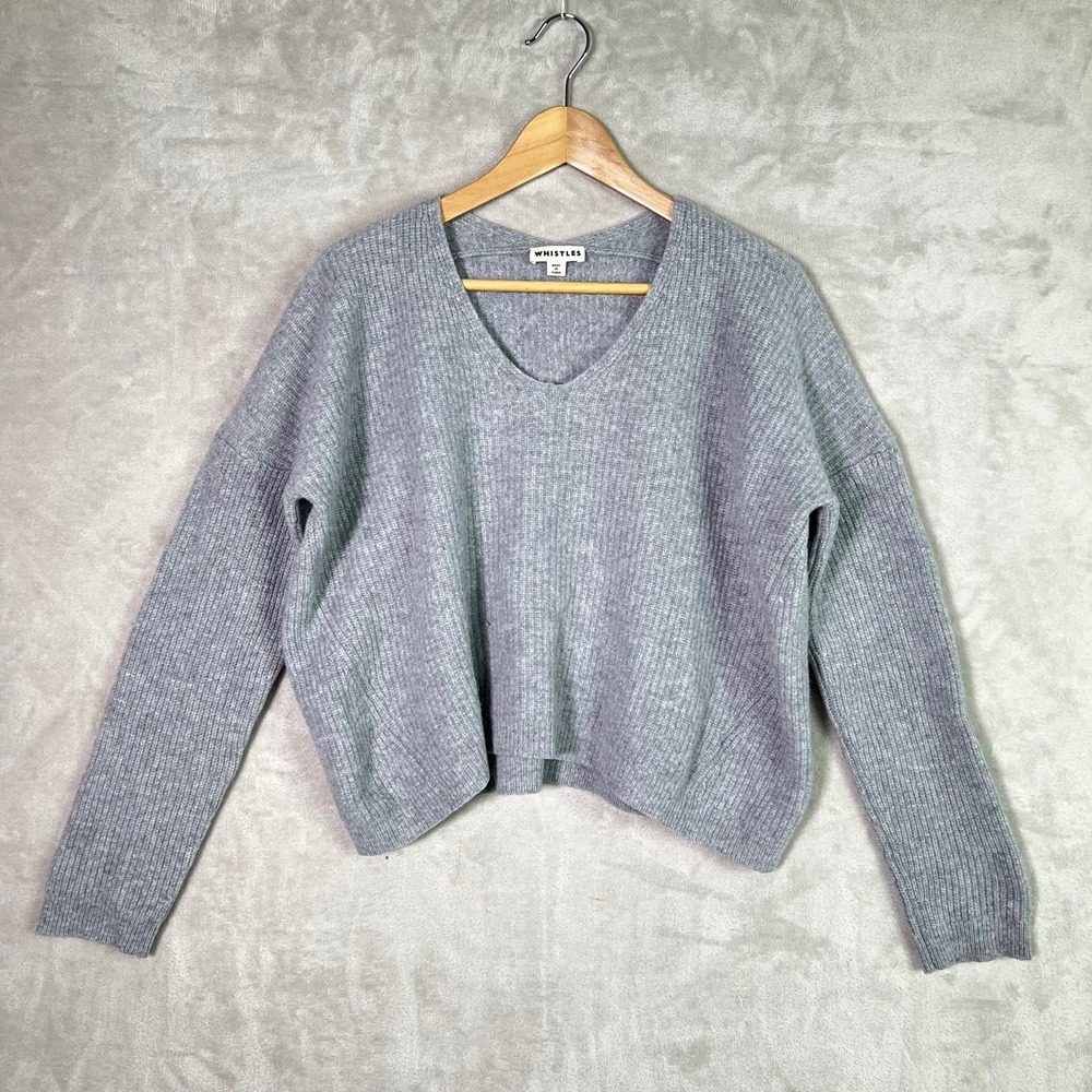 Whistles Sweaterβ Large Gray Merino Wool Jumper V-Neck Ribbed Knit